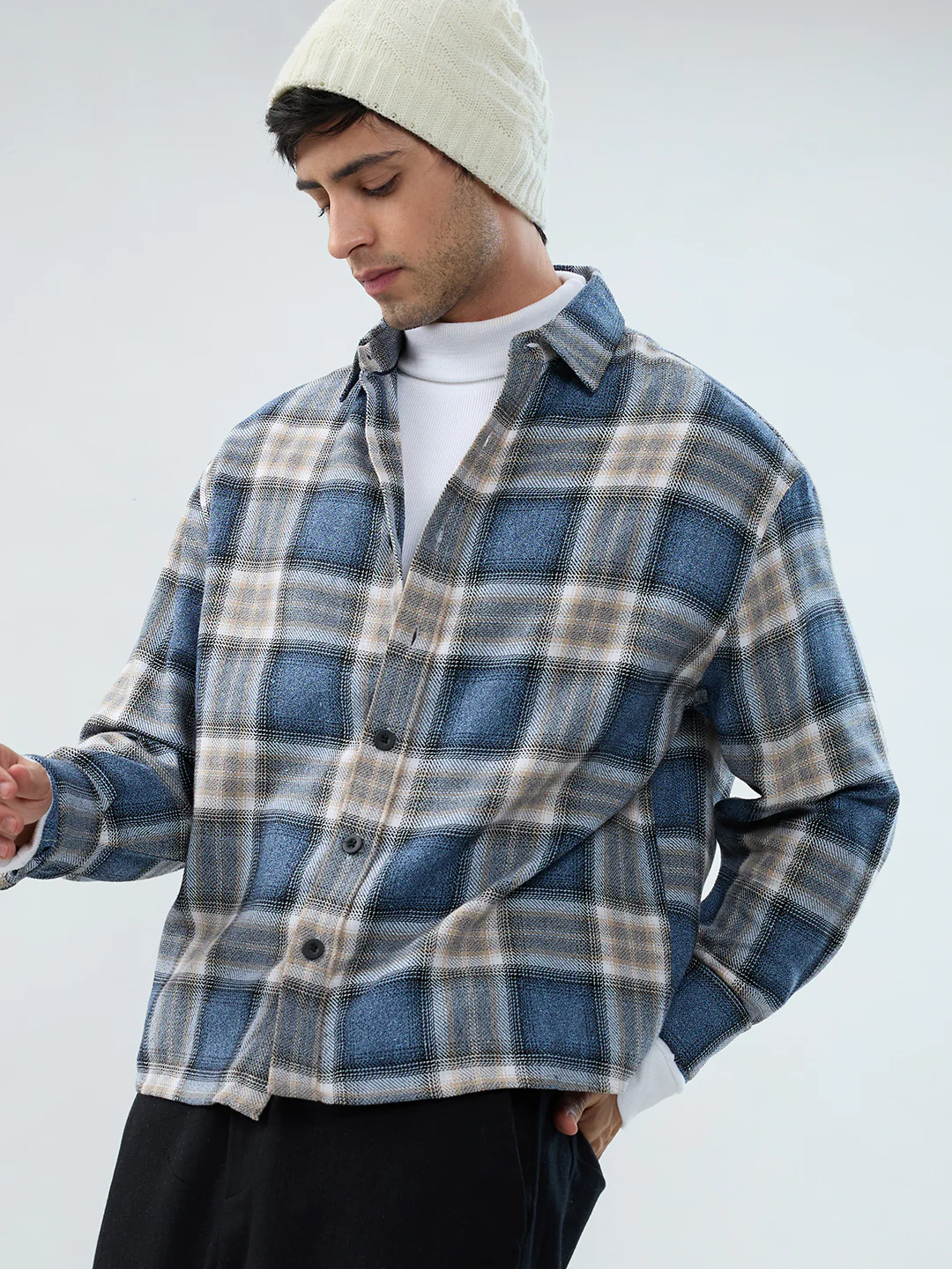 Aegean Blue Checkered Boxy Fit Crop Shirt - Image 2