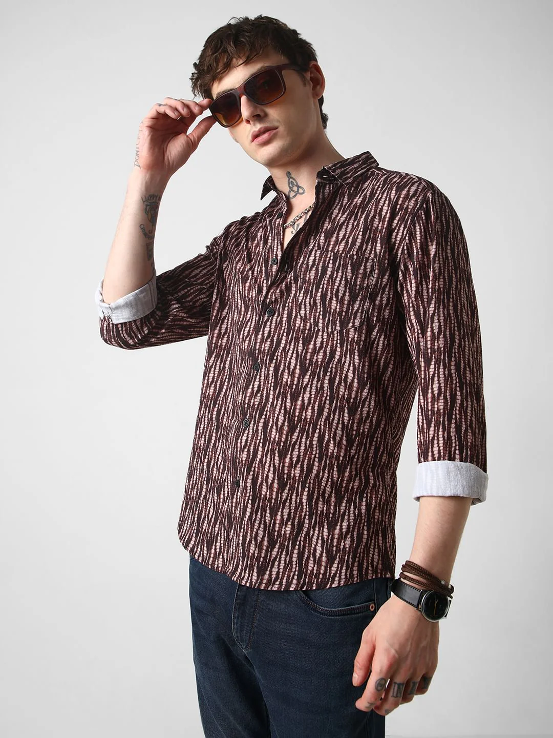 Aesthetic Brown Abstract Printed Crushed Shirt - Image 4