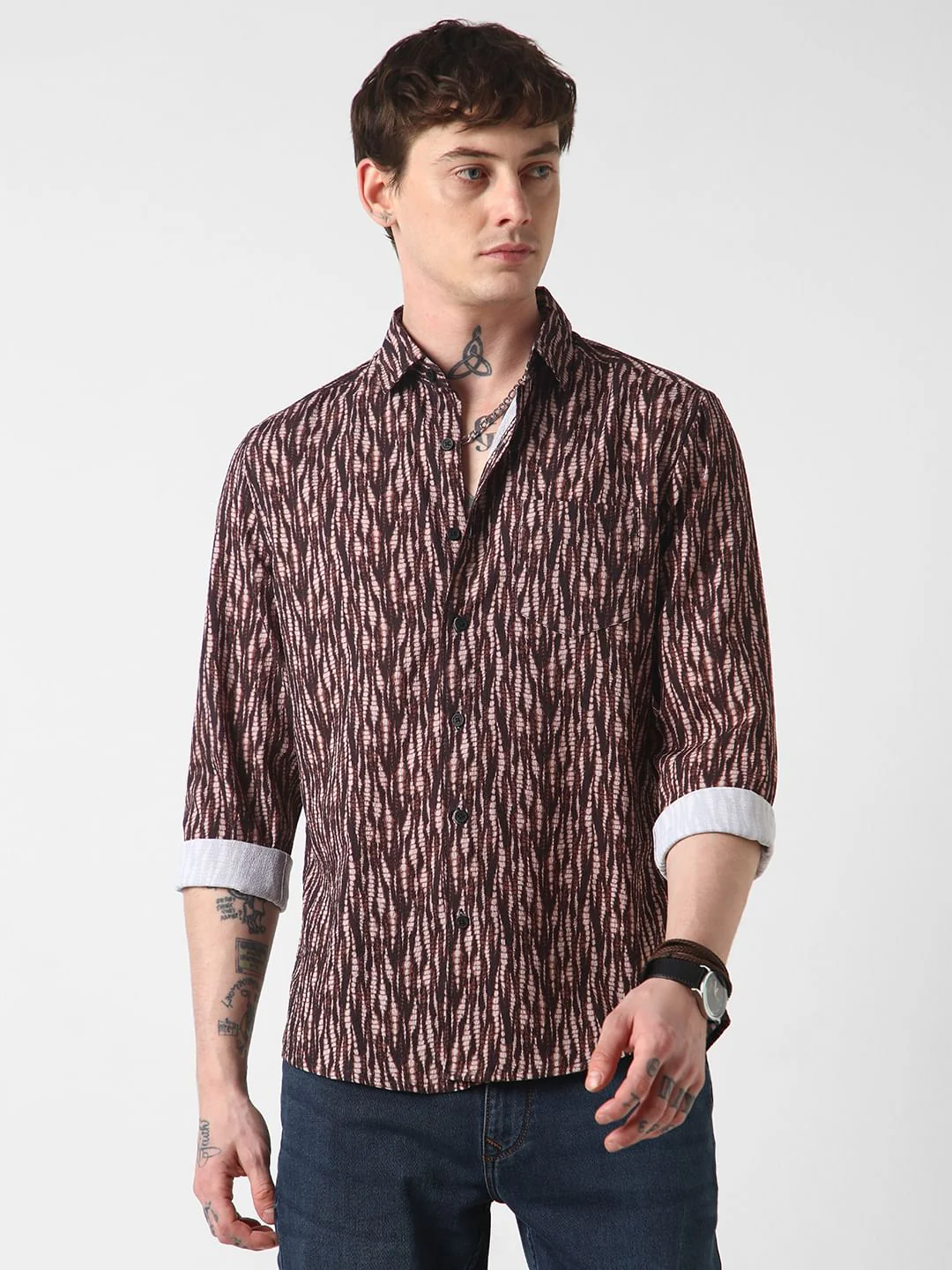 Aesthetic Brown Abstract Printed Crushed Shirt - Image 5