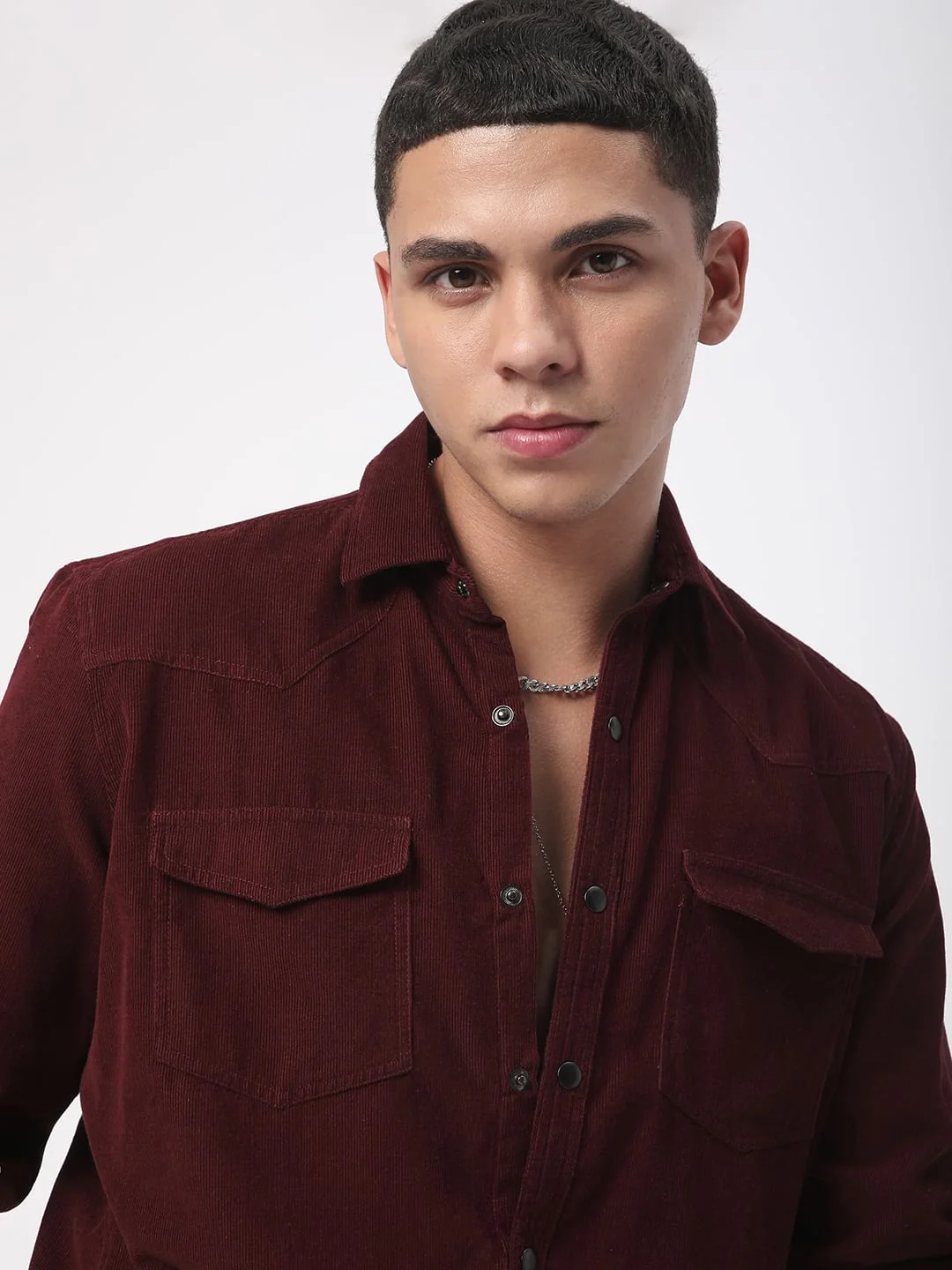 Aesthetic Maroon Double Flap Pocket Corduroy Overshirt - Image 2