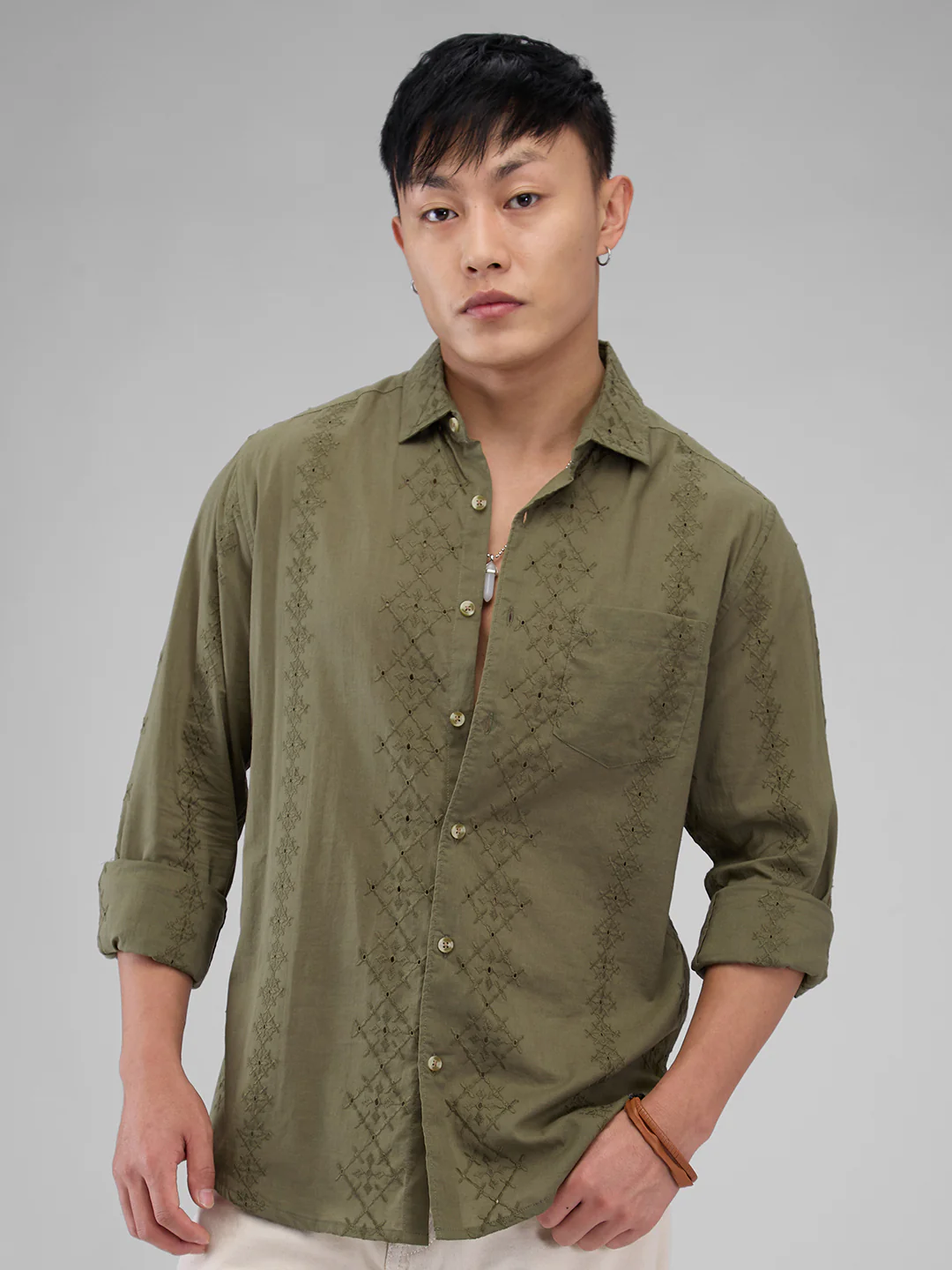 Aesthetic Olive Embroidered Schiffli Shirt - Image 2