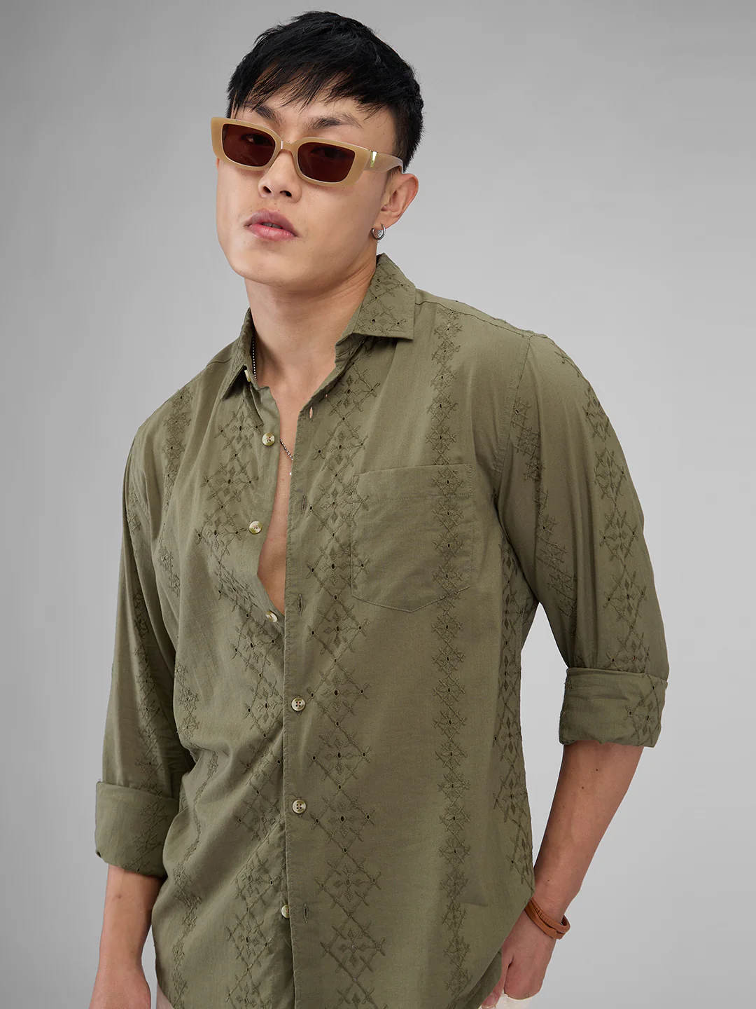 Aesthetic Olive Embroidered Schiffli Shirt - Image 4