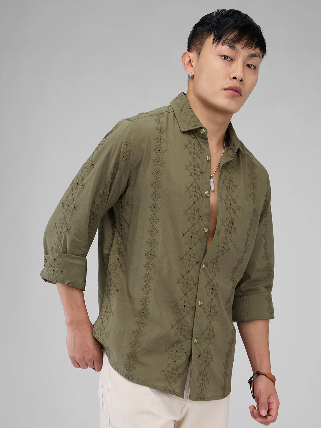 Aesthetic Olive Embroidered Schiffli Shirt - Image 5