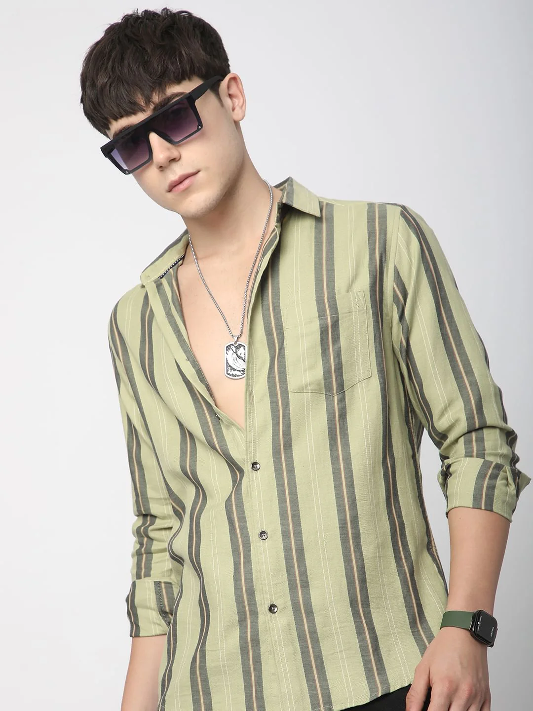 Alluring Tea Green Striped Shirt - Image 2