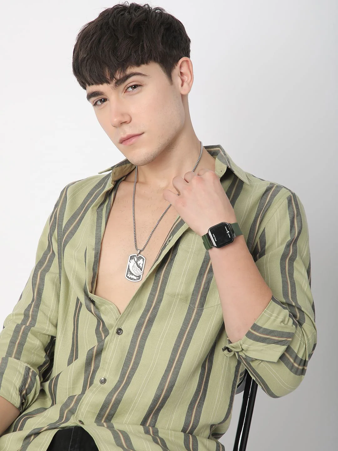 Alluring Tea Green Striped Shirt - Image 4