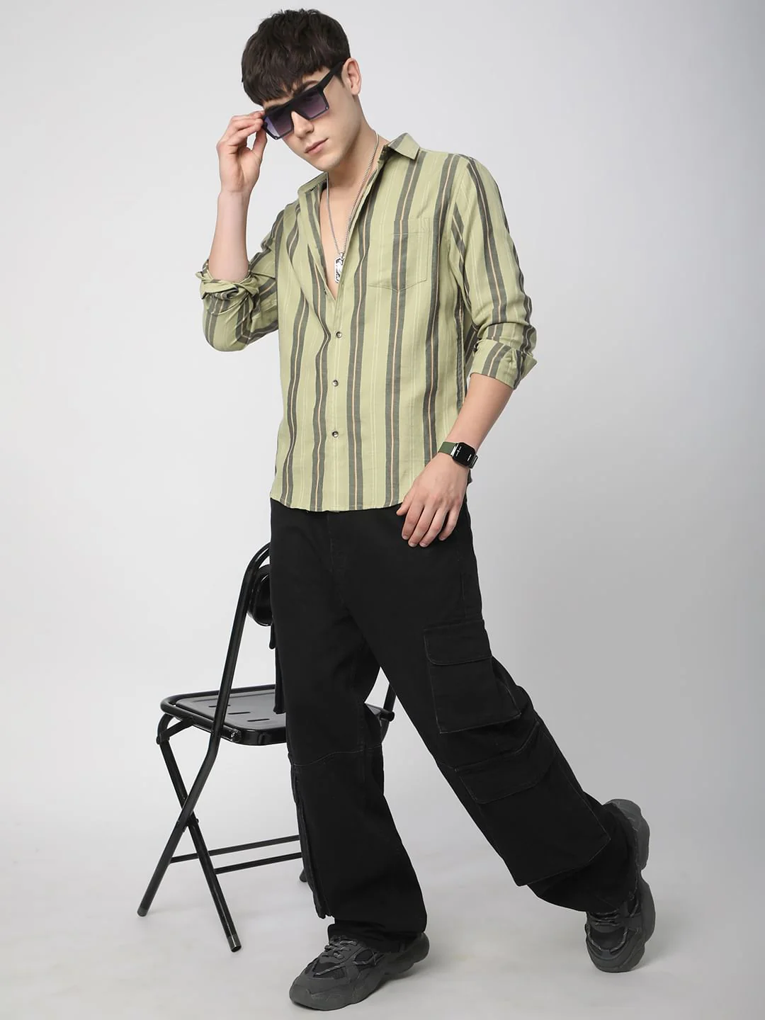 Alluring Tea Green Striped Shirt - Image 8
