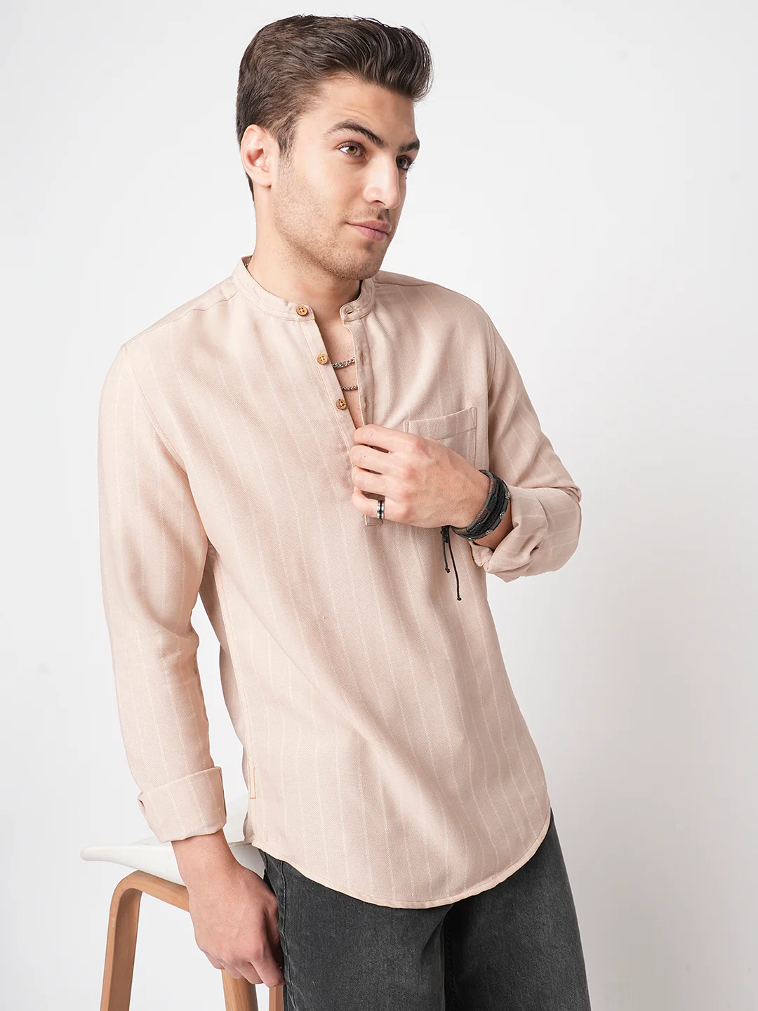 Almond Beige Chalk Stripe Kurta - Image 2