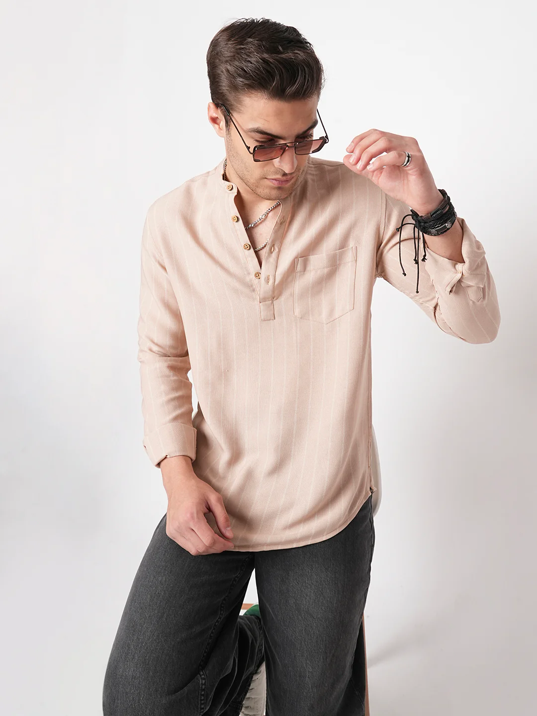 Almond Beige Chalk Stripe Kurta - Image 4