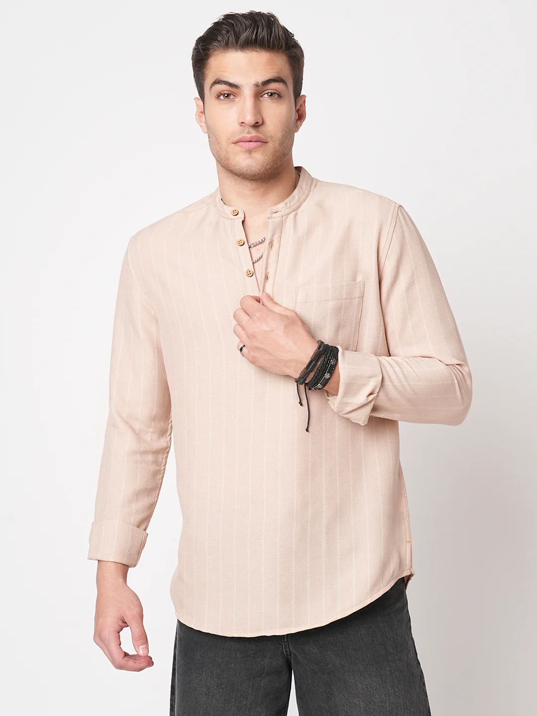 Almond Beige Chalk Stripe Kurta - Image 5