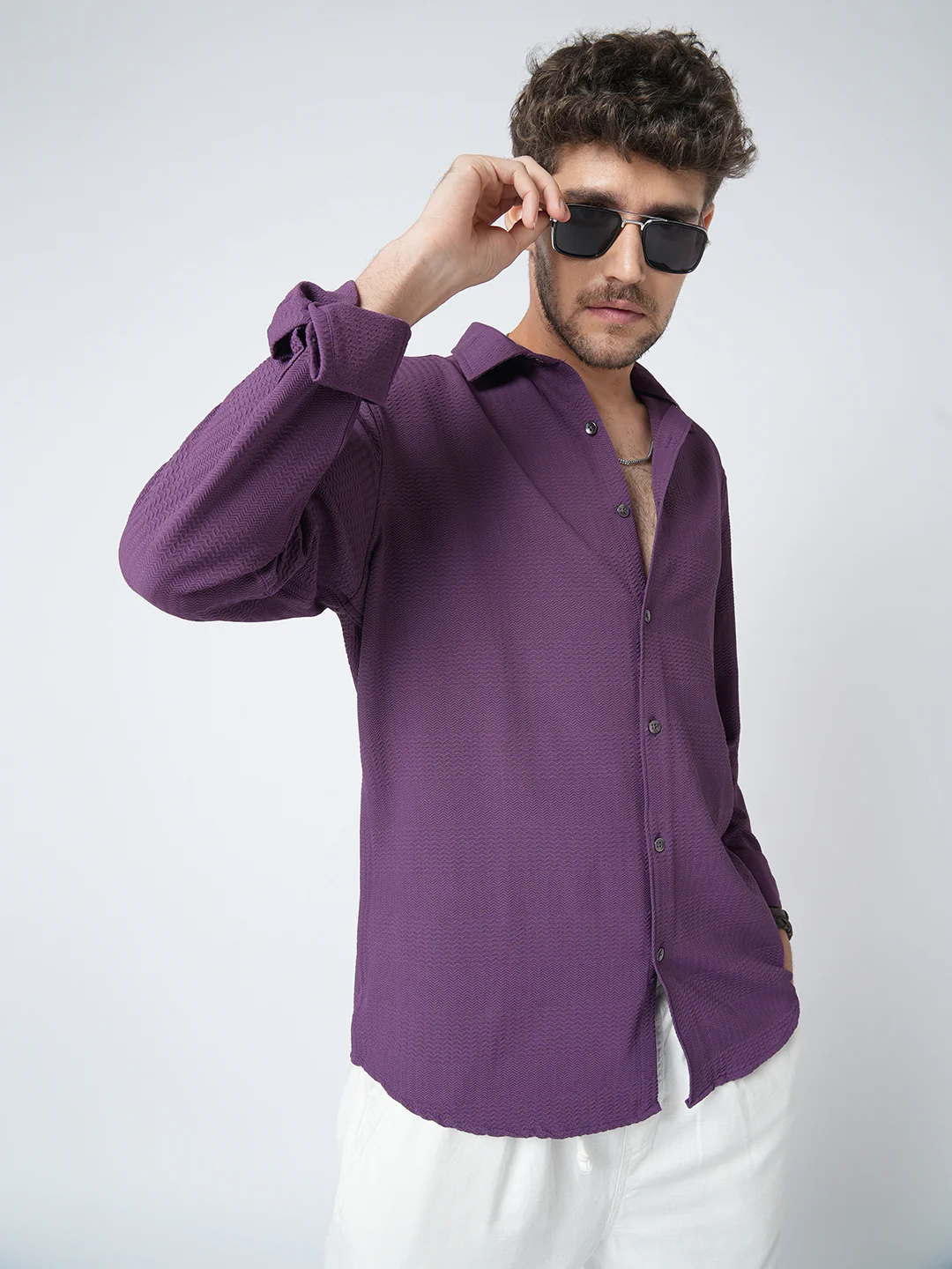 Amethyst Purple Wave Detail Textured Shirt - Image 2