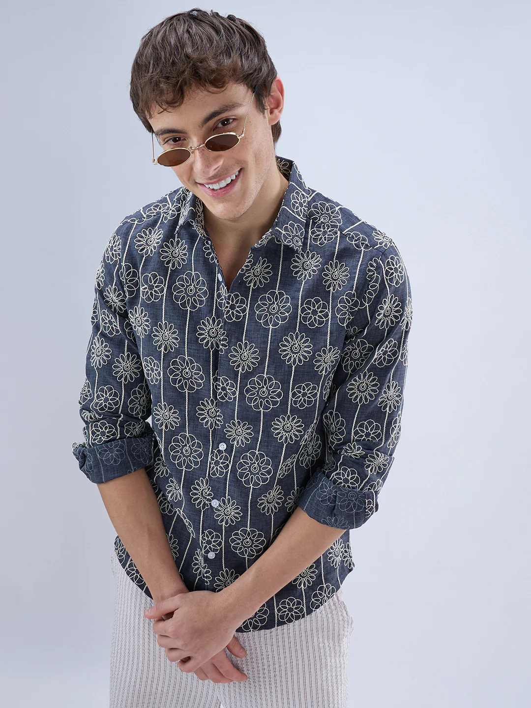 Anchor Grey Floral Embroidered Slub Shirt - Image 2