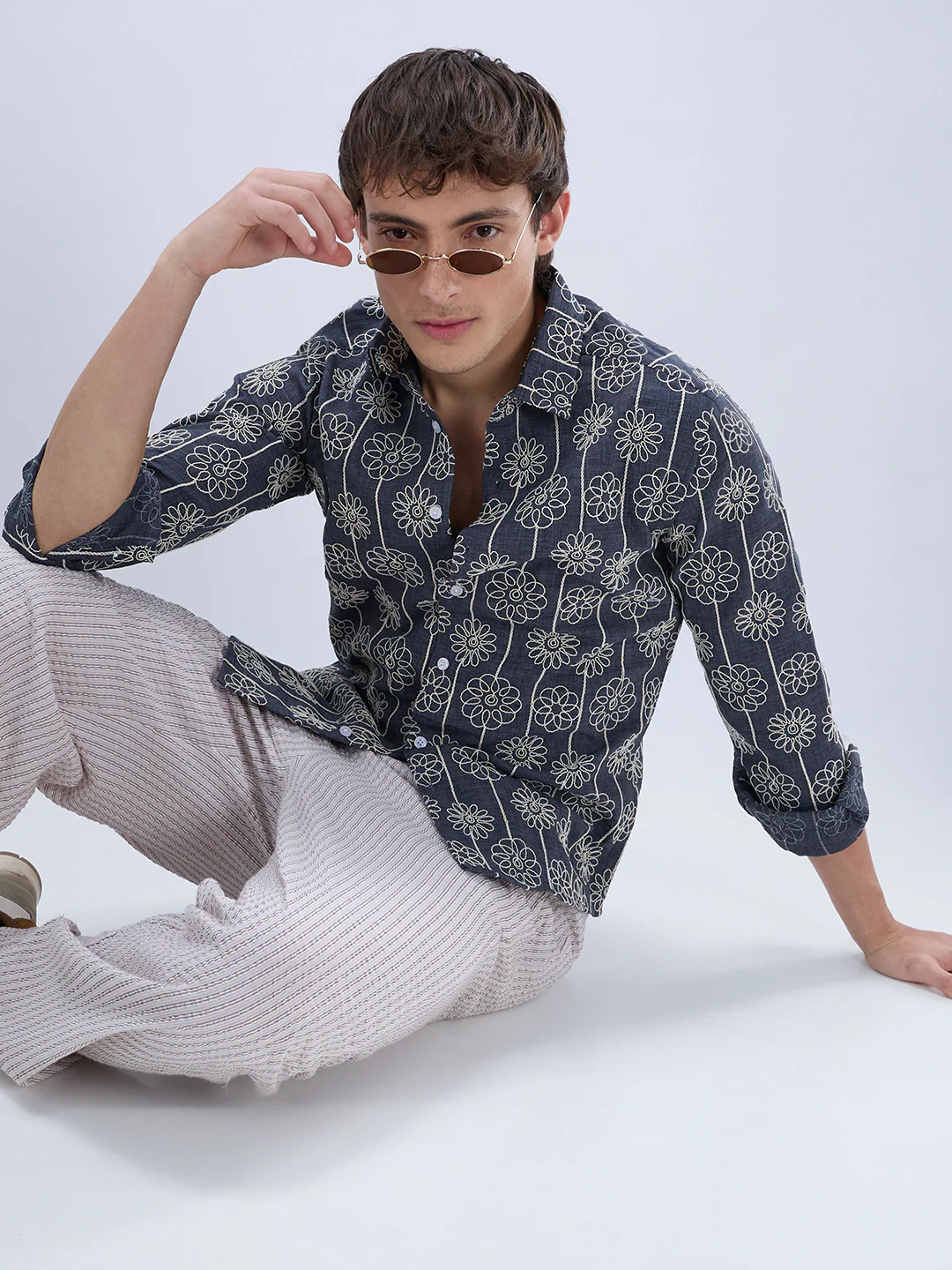 Anchor Grey Floral Embroidered Slub Shirt - Image 4