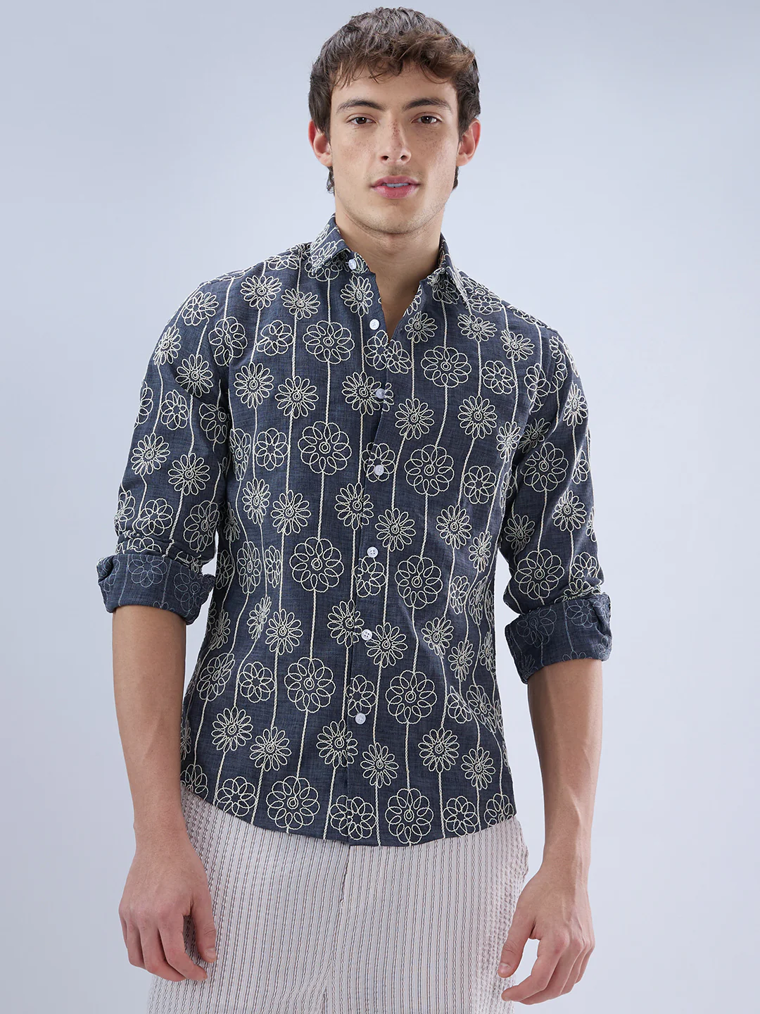 Anchor Grey Floral Embroidered Slub Shirt - Image 5