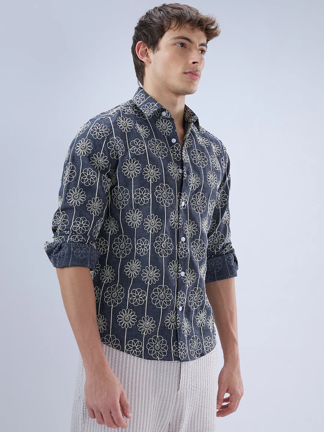 Anchor Grey Floral Embroidered Slub Shirt - Image 6