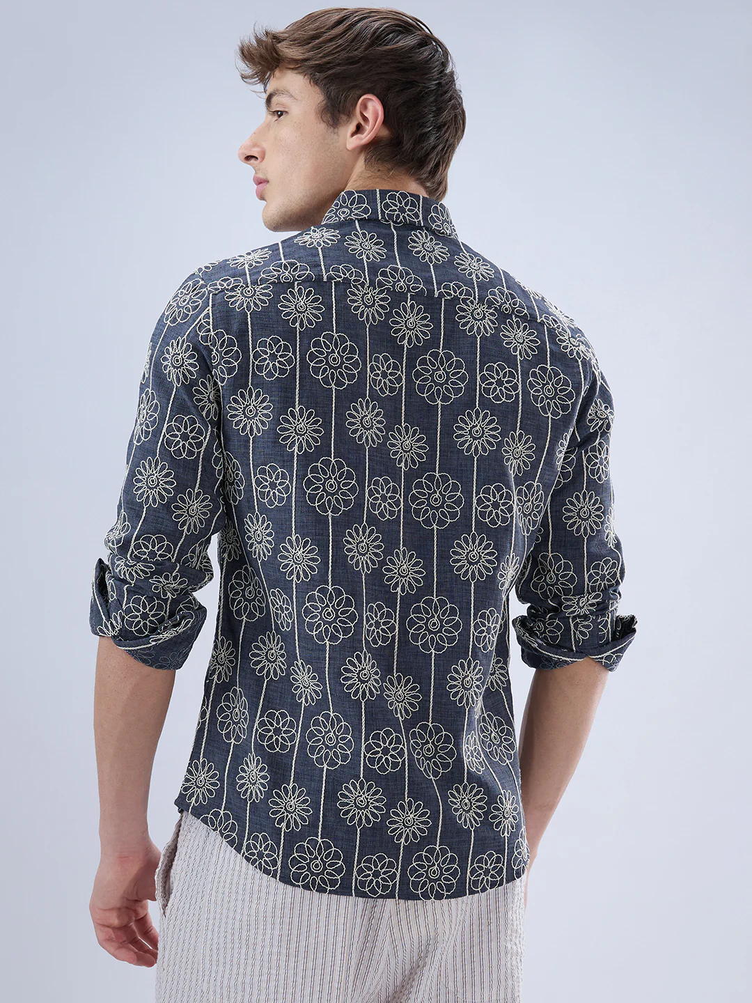 Anchor Grey Floral Embroidered Slub Shirt - Image 7
