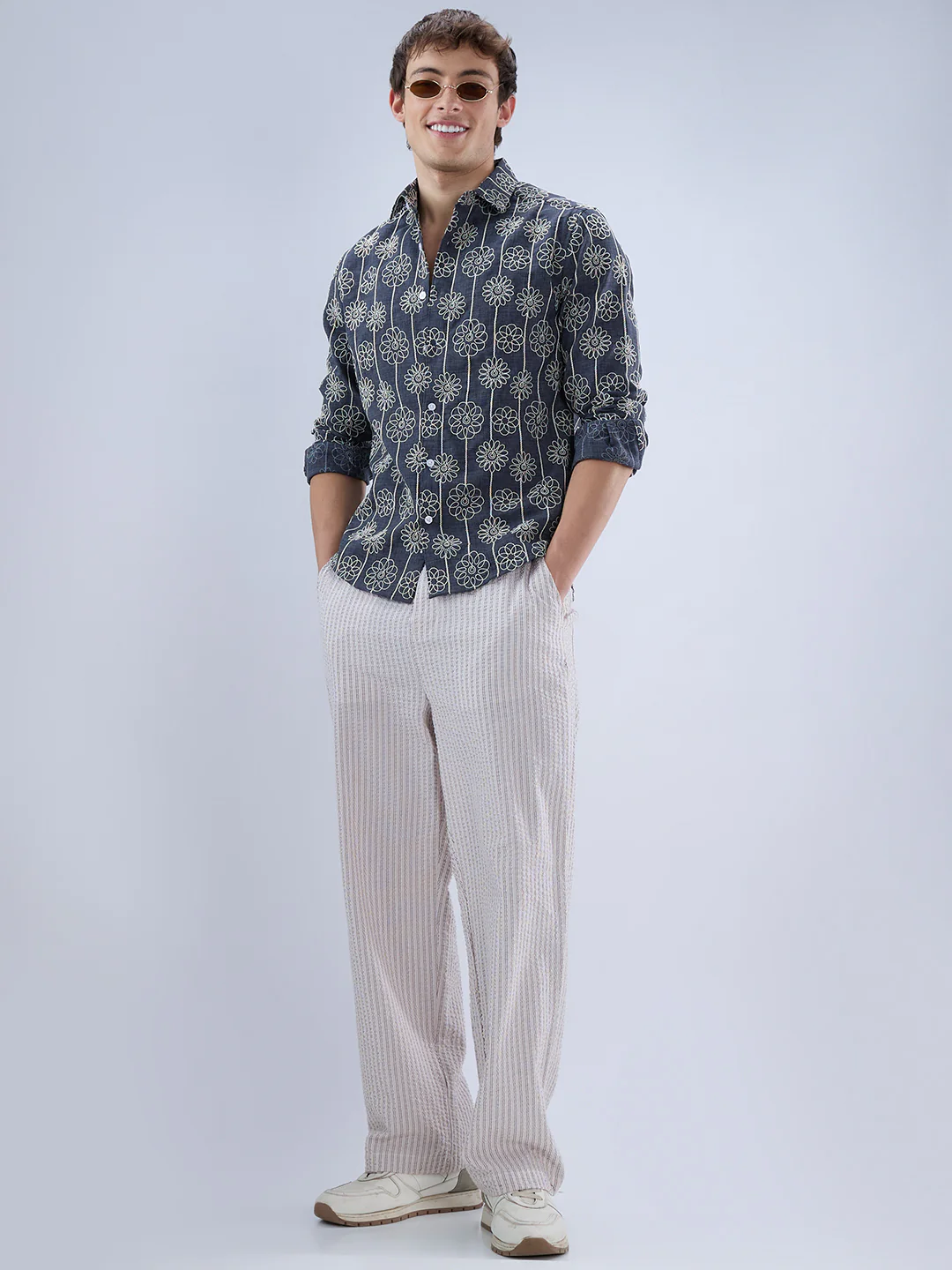 Anchor Grey Floral Embroidered Slub Shirt - Image 8
