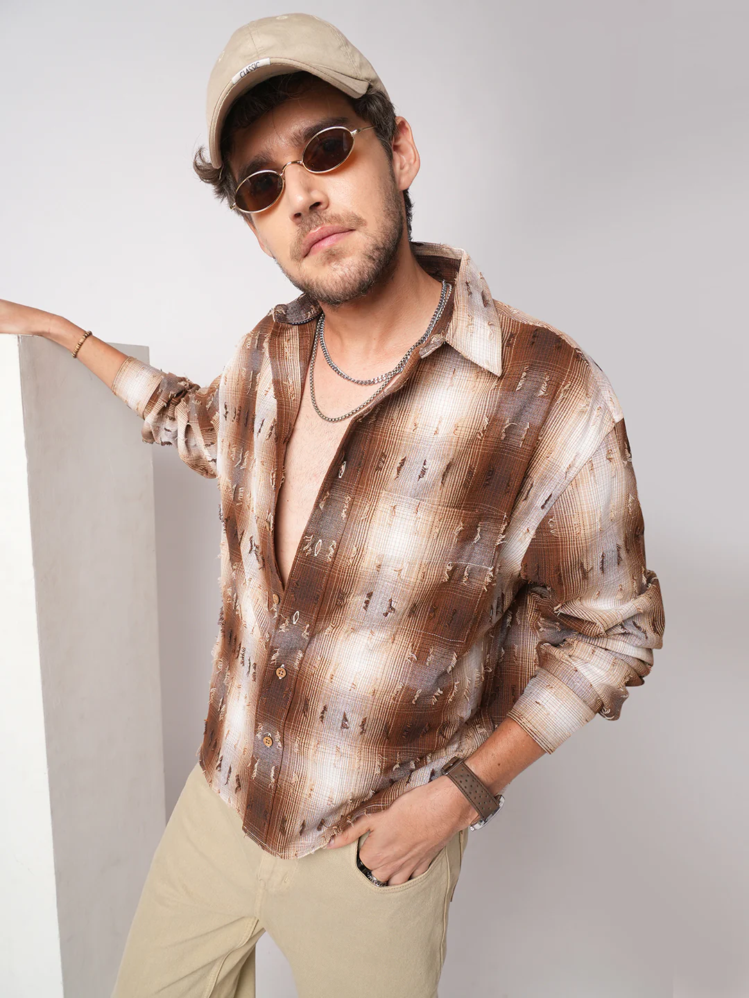 Antique Brown Plaid Checks Frayed Boxy Fit Crop Shirt - Image 2