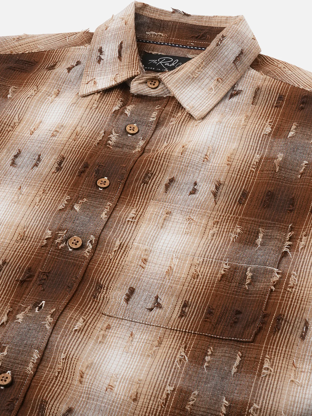 Antique Brown Plaid Checks Frayed Boxy Fit Crop Shirt - Image 3
