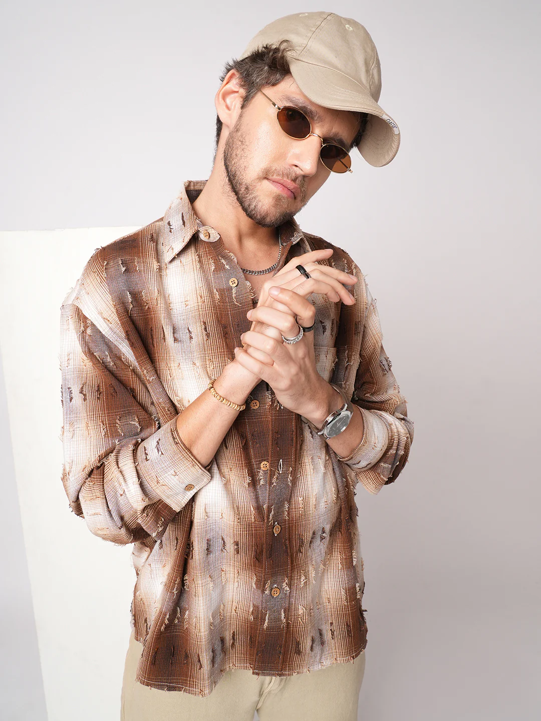 Antique Brown Plaid Checks Frayed Boxy Fit Crop Shirt - Image 4