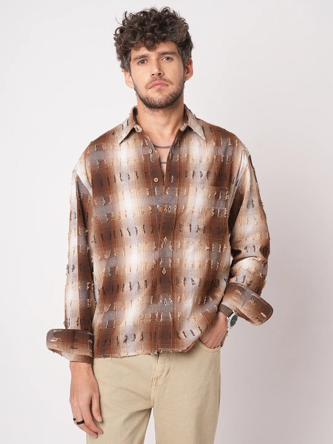 Antique Brown Plaid Checks Frayed Boxy Fit Crop Shirt - Image 5