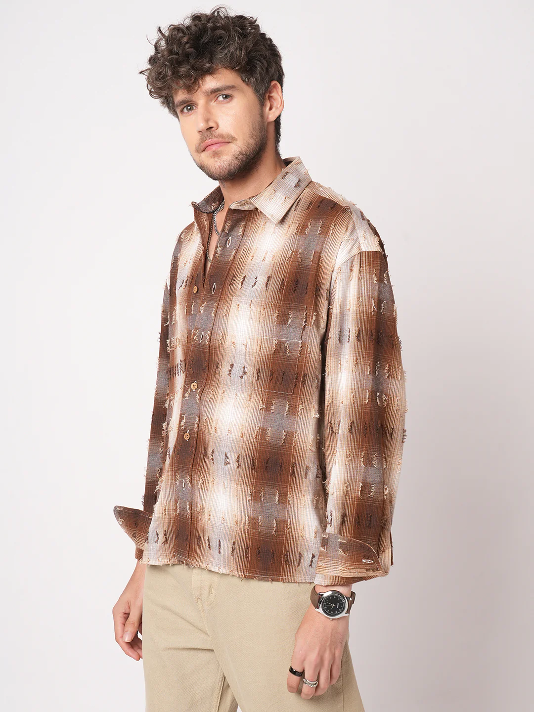 Antique Brown Plaid Checks Frayed Boxy Fit Crop Shirt - Image 6