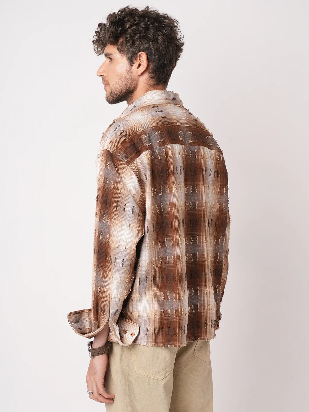 Antique Brown Plaid Checks Frayed Boxy Fit Crop Shirt - Image 7