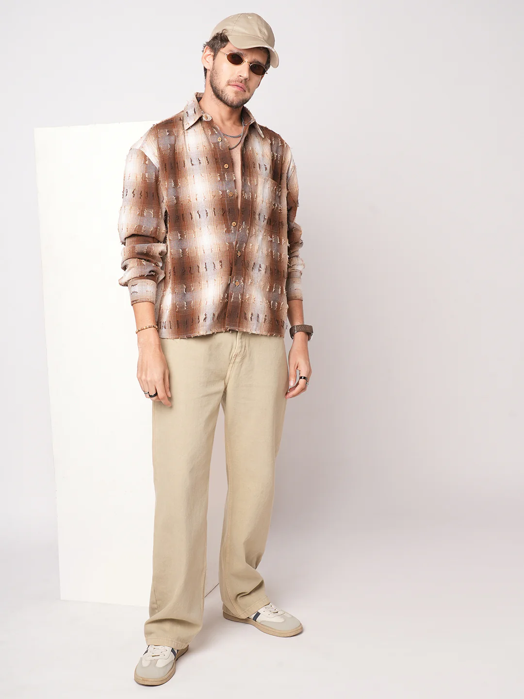 Antique Brown Plaid Checks Frayed Boxy Fit Crop Shirt - Image 8