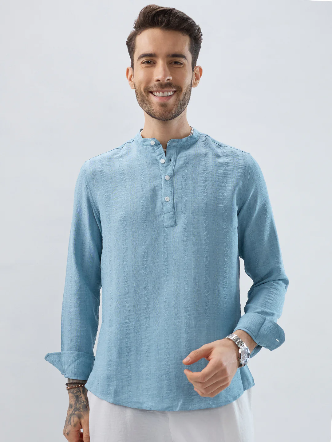 Aqua Mist Jacquard Striped Kurta - Image 2