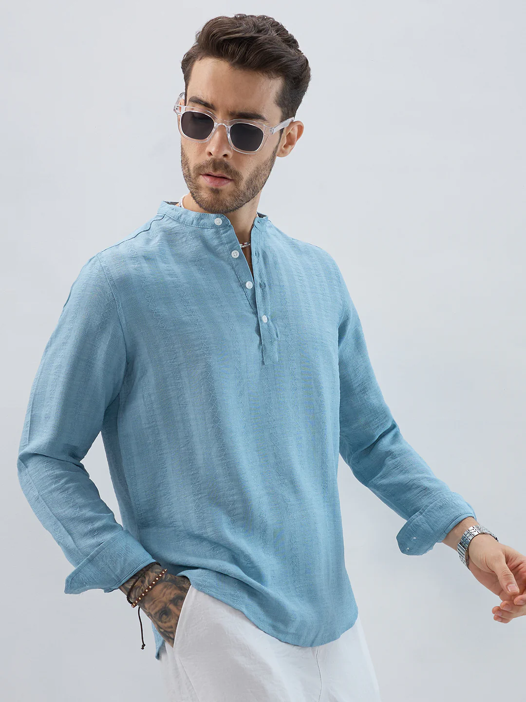 Aqua Mist Jacquard Striped Kurta - Image 4