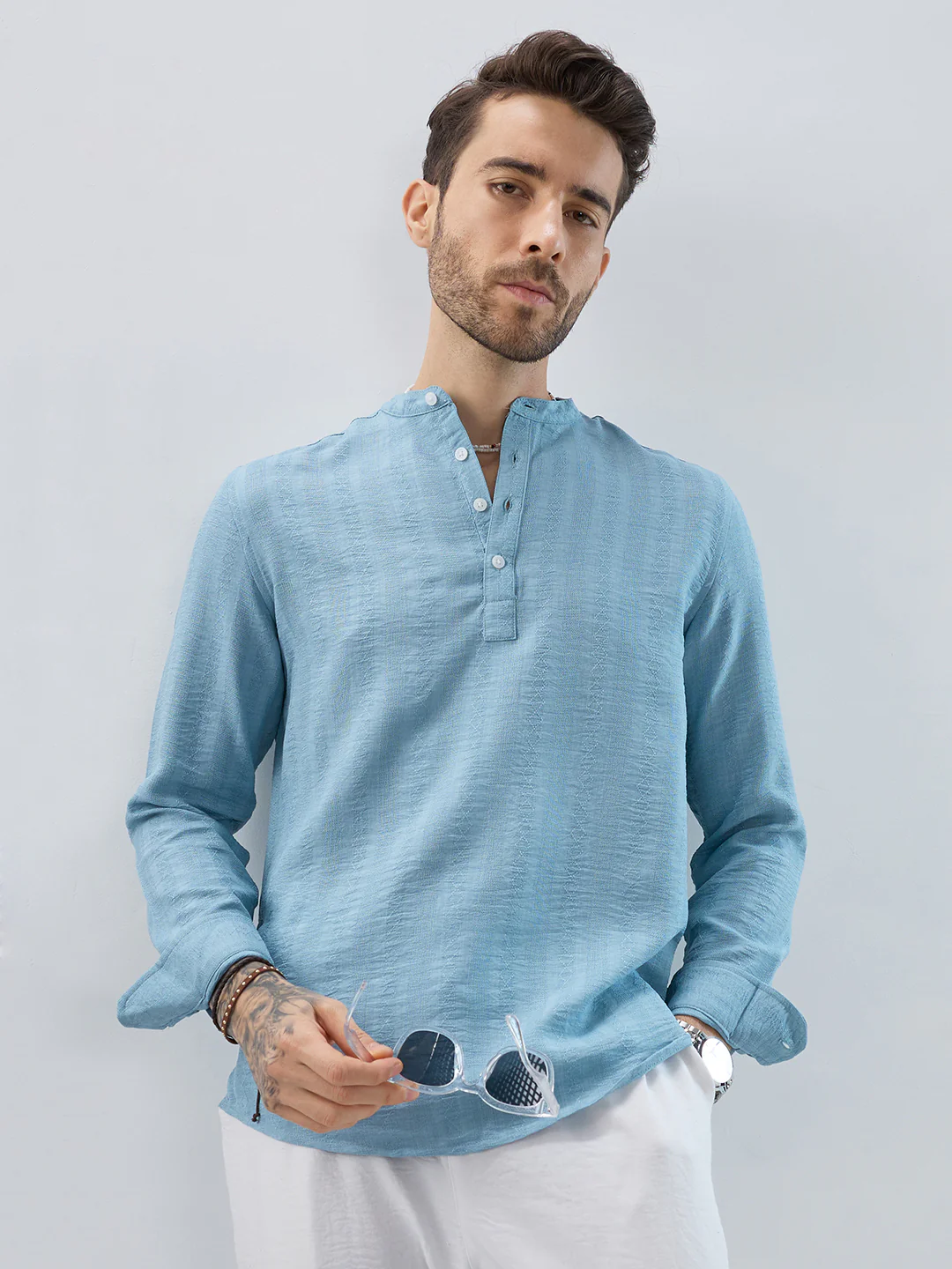 Aqua Mist Jacquard Striped Kurta - Image 5