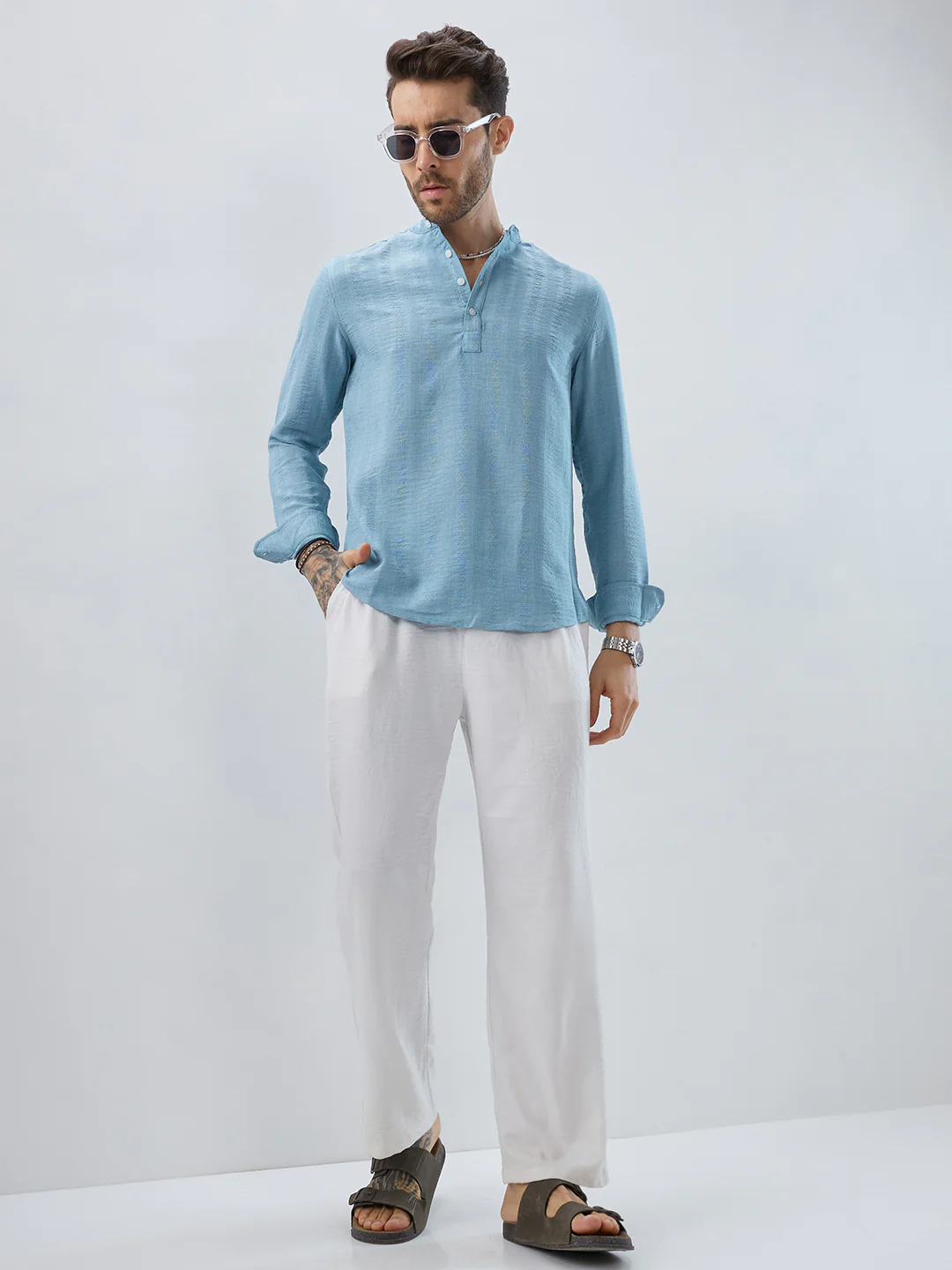Aqua Mist Jacquard Striped Kurta - Image 8