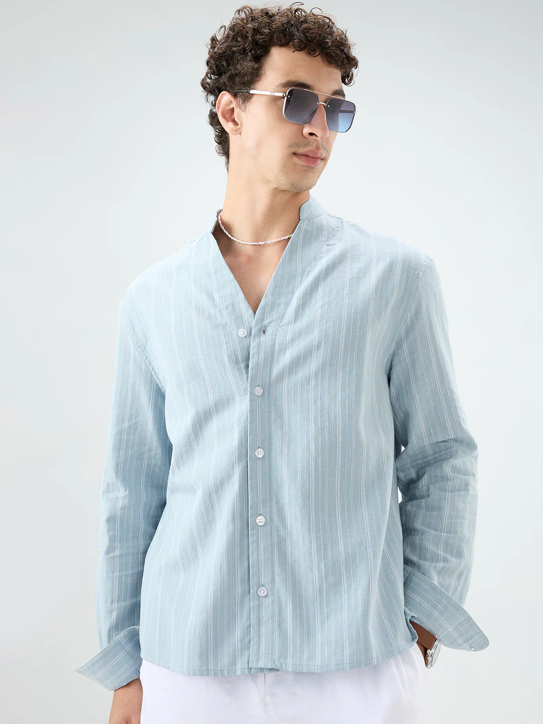 Arctic Blue Striped Linen Blend Stand Collar Oversized Shirt - Image 2