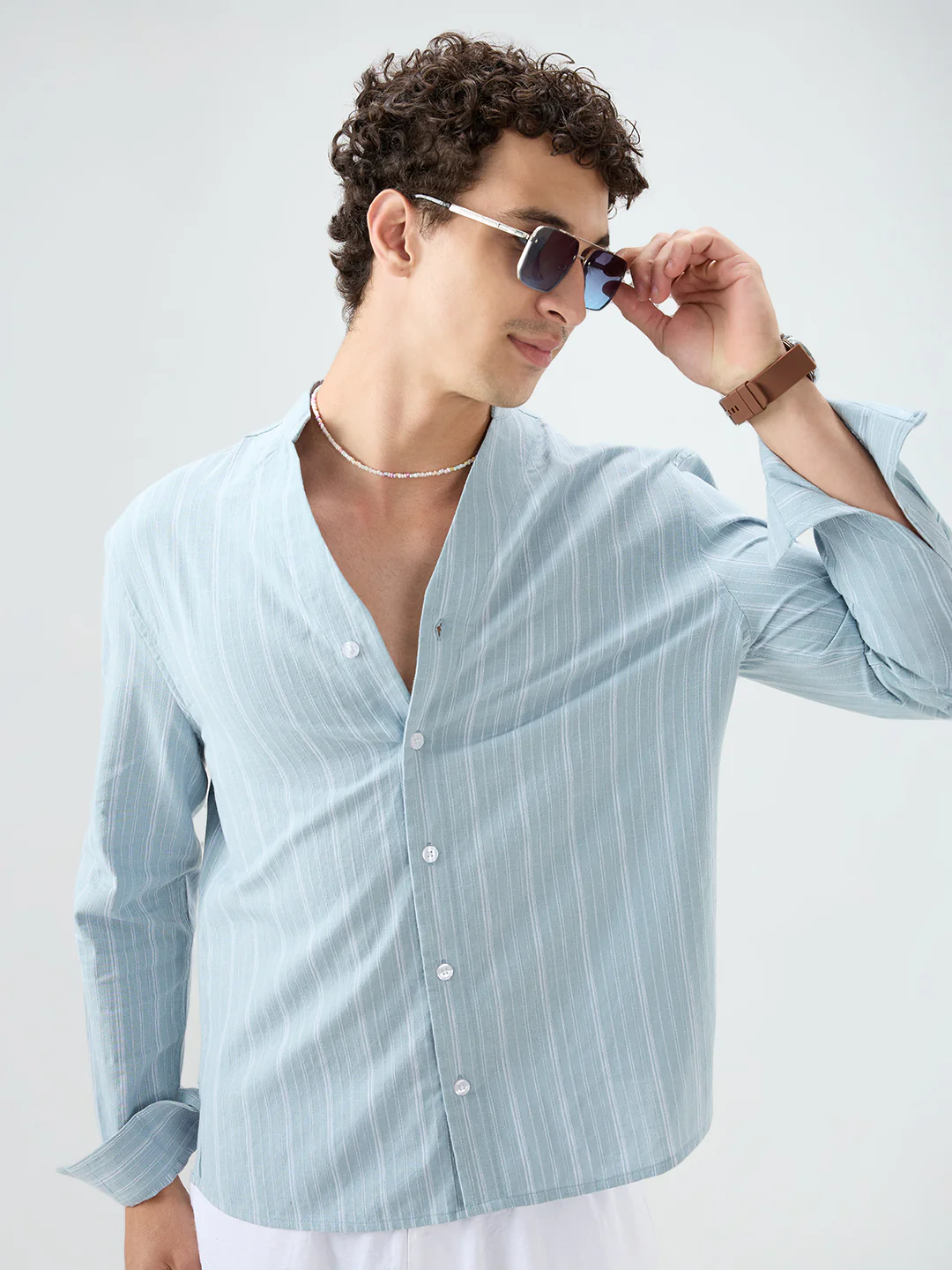Arctic Blue Striped Linen Blend Stand Collar Oversized Shirt - Image 4