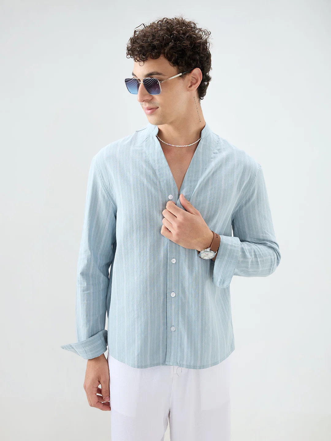 Arctic Blue Striped Linen Blend Stand Collar Oversized Shirt - Image 5