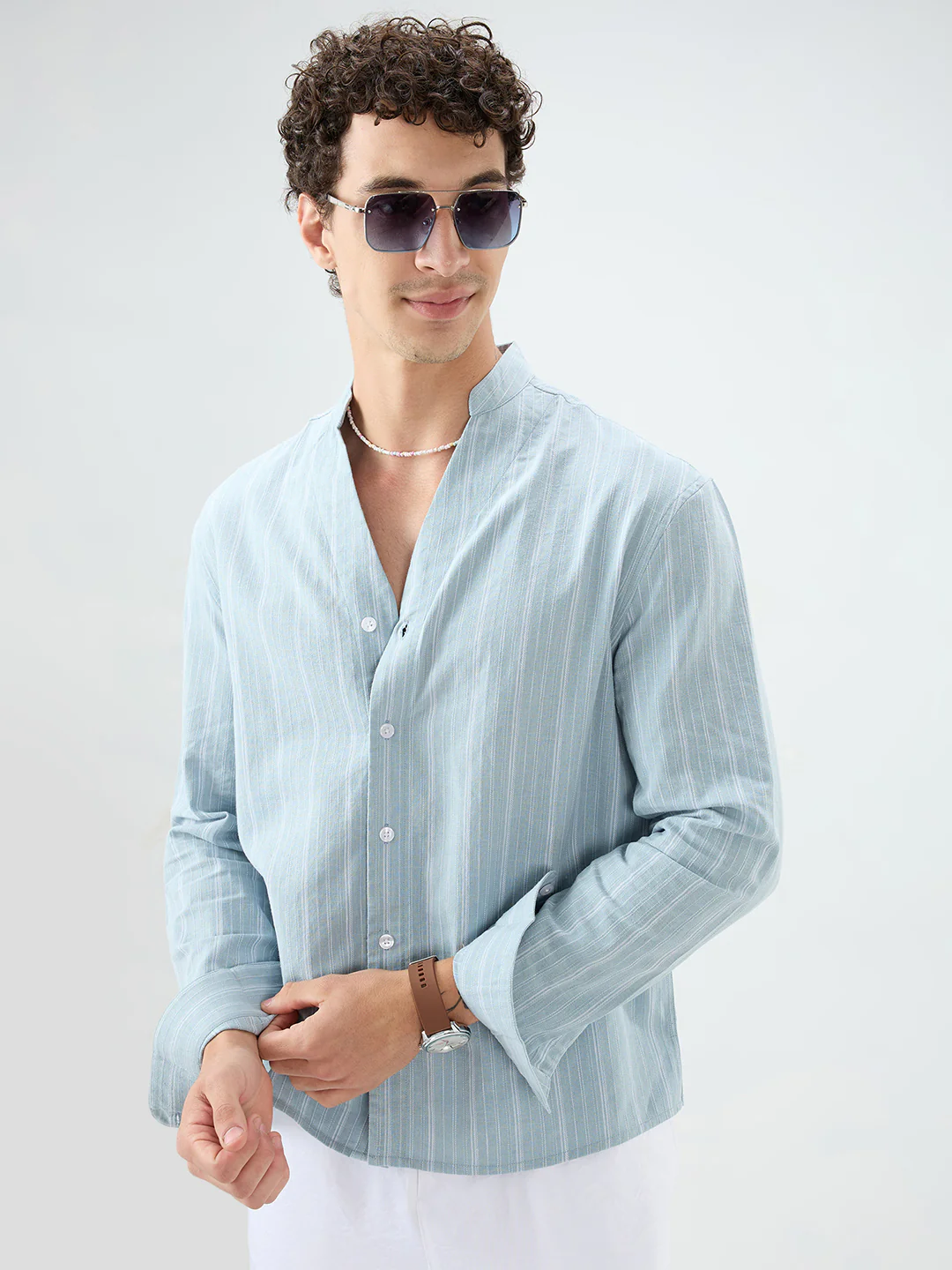 Arctic Blue Striped Linen Blend Stand Collar Oversized Shirt - Image 6