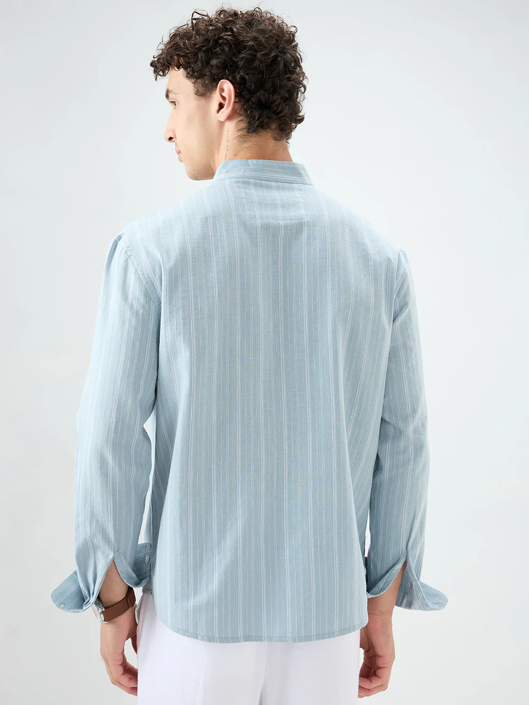 Arctic Blue Striped Linen Blend Stand Collar Oversized Shirt - Image 7
