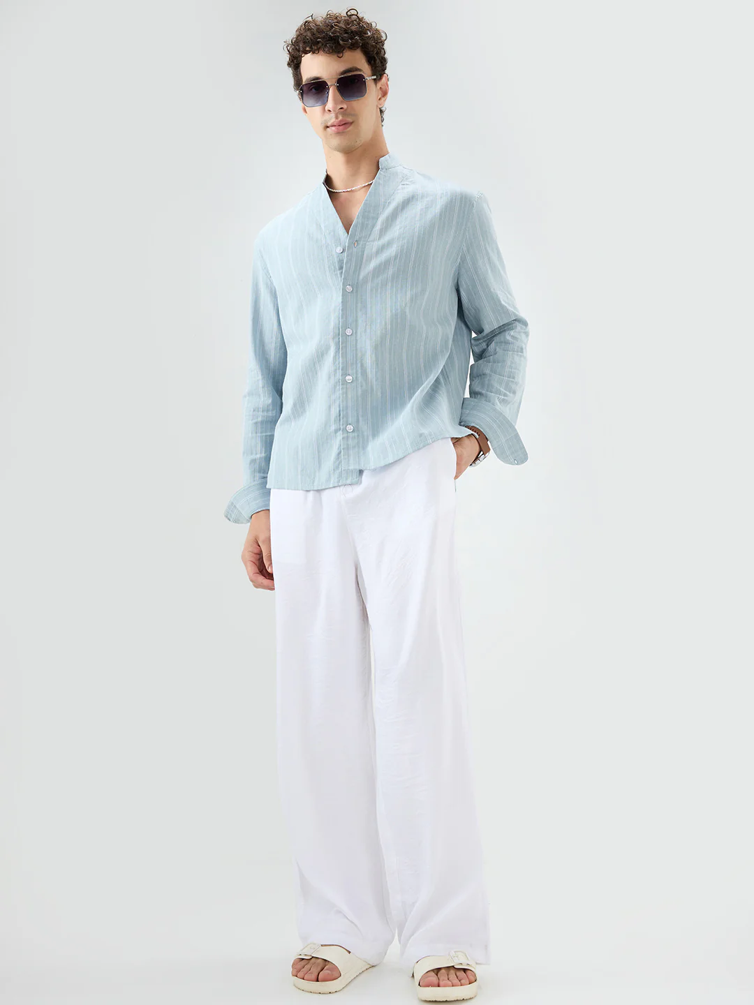Arctic Blue Striped Linen Blend Stand Collar Oversized Shirt - Image 8