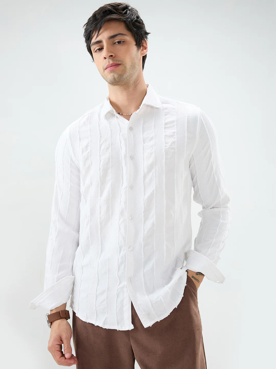 Arctic White Frayed Textured Shirt - Image 5