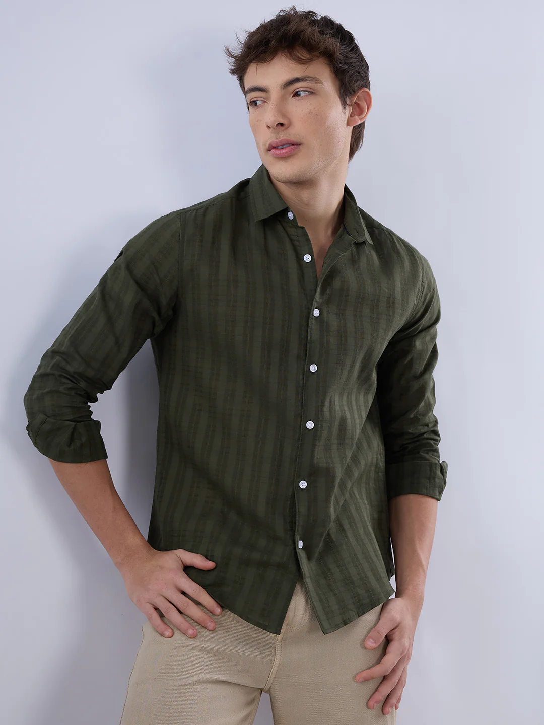 Army Green Textured Striped Shirt