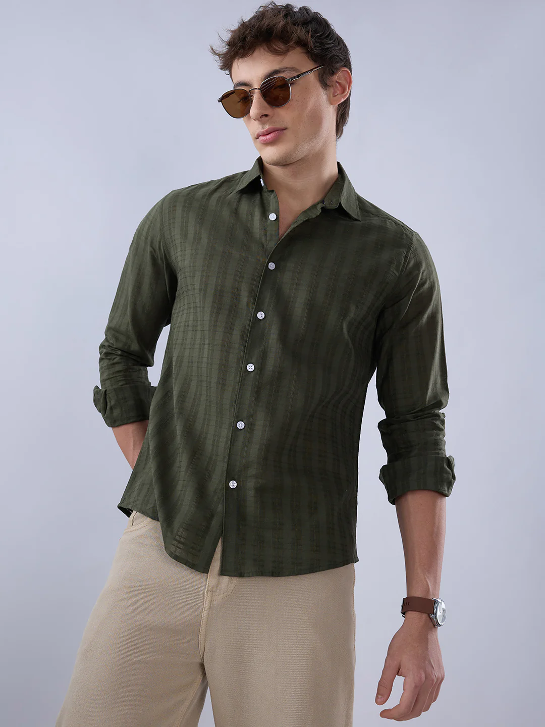 Army Green Textured Striped Shirt - Image 2