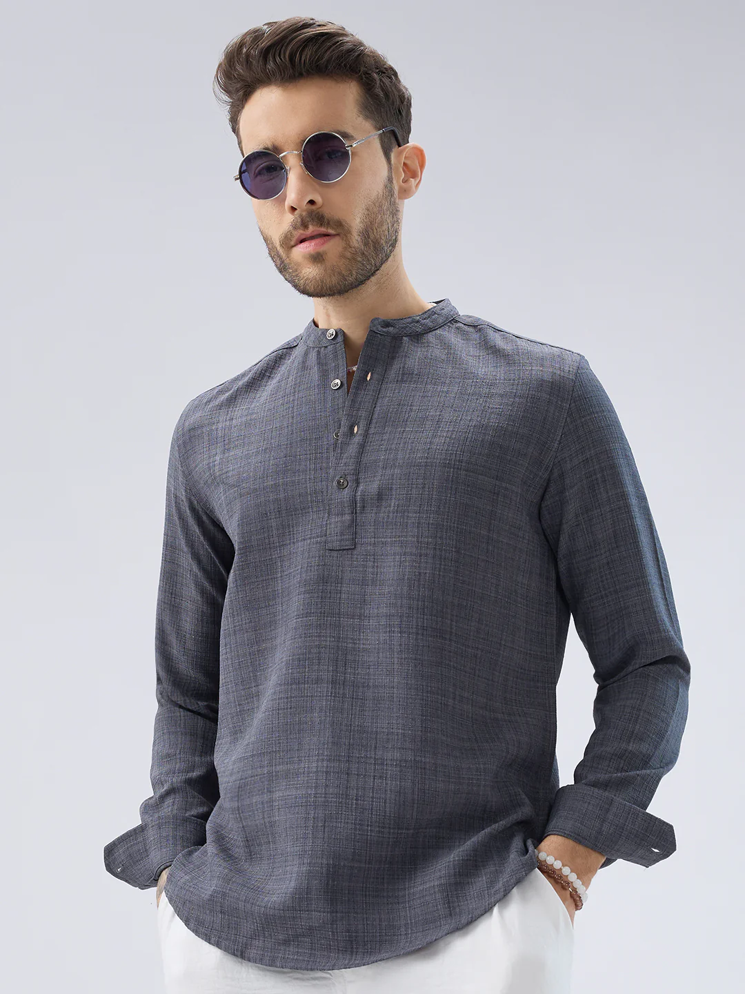 Arsenic Grey Slub Textured Kurta - Image 2