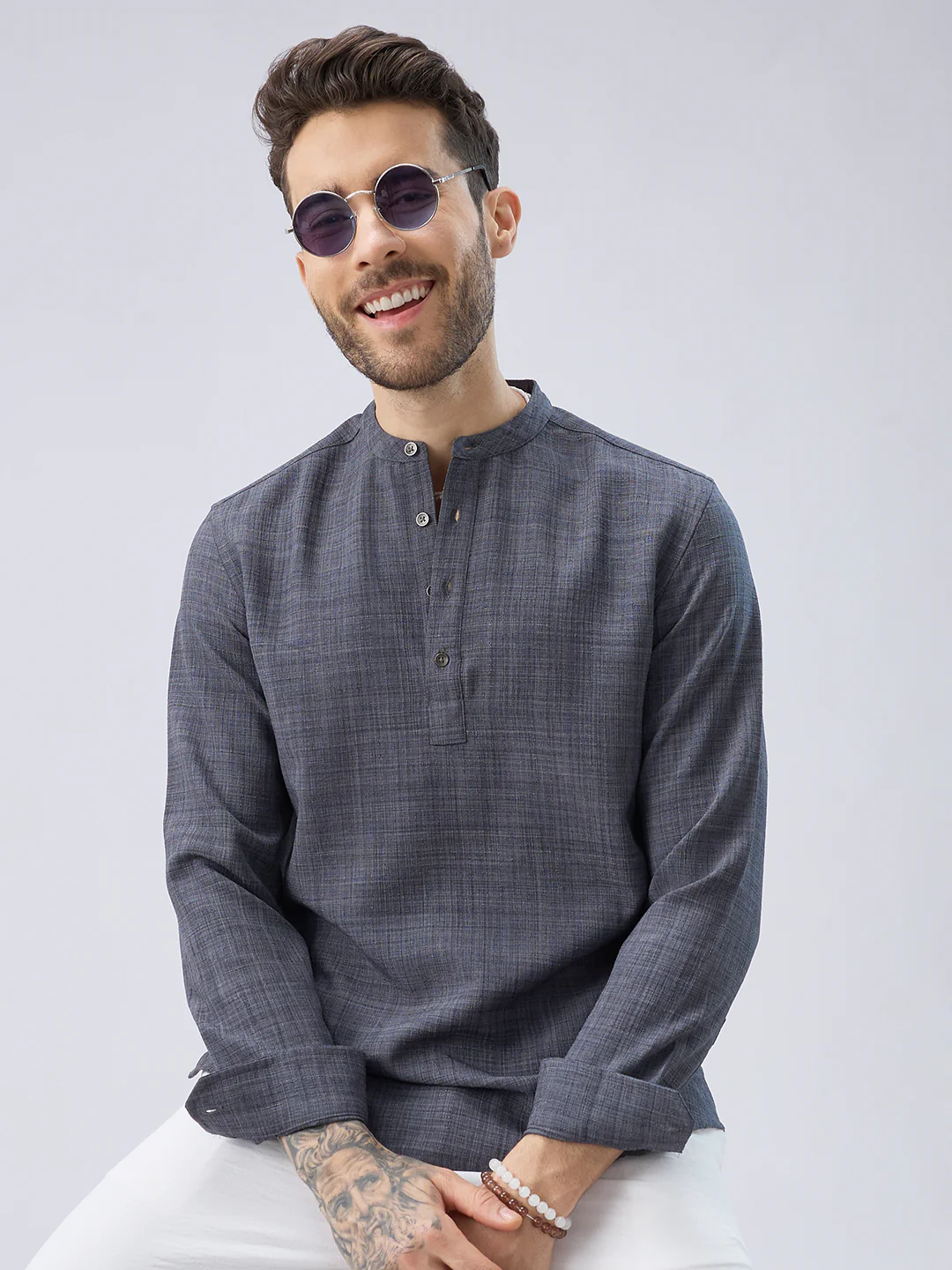 Arsenic Grey Slub Textured Kurta - Image 4