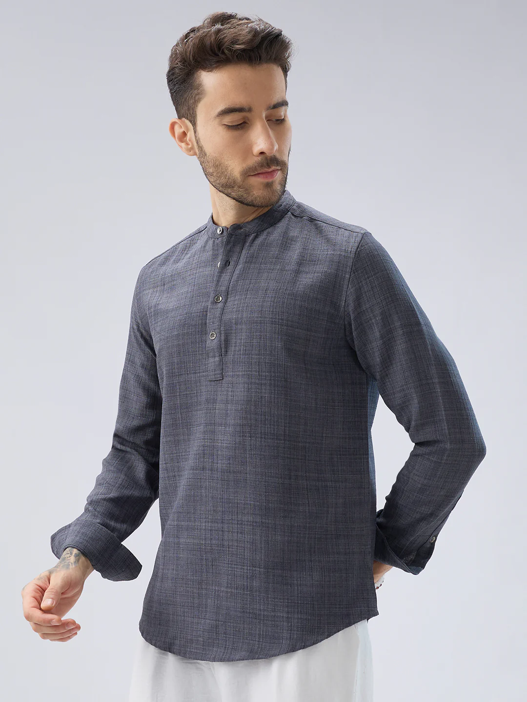 Arsenic Grey Slub Textured Kurta - Image 5