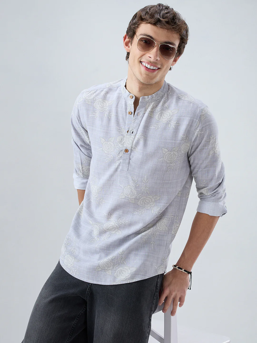 Artistic Grey Floral Printed Kurta