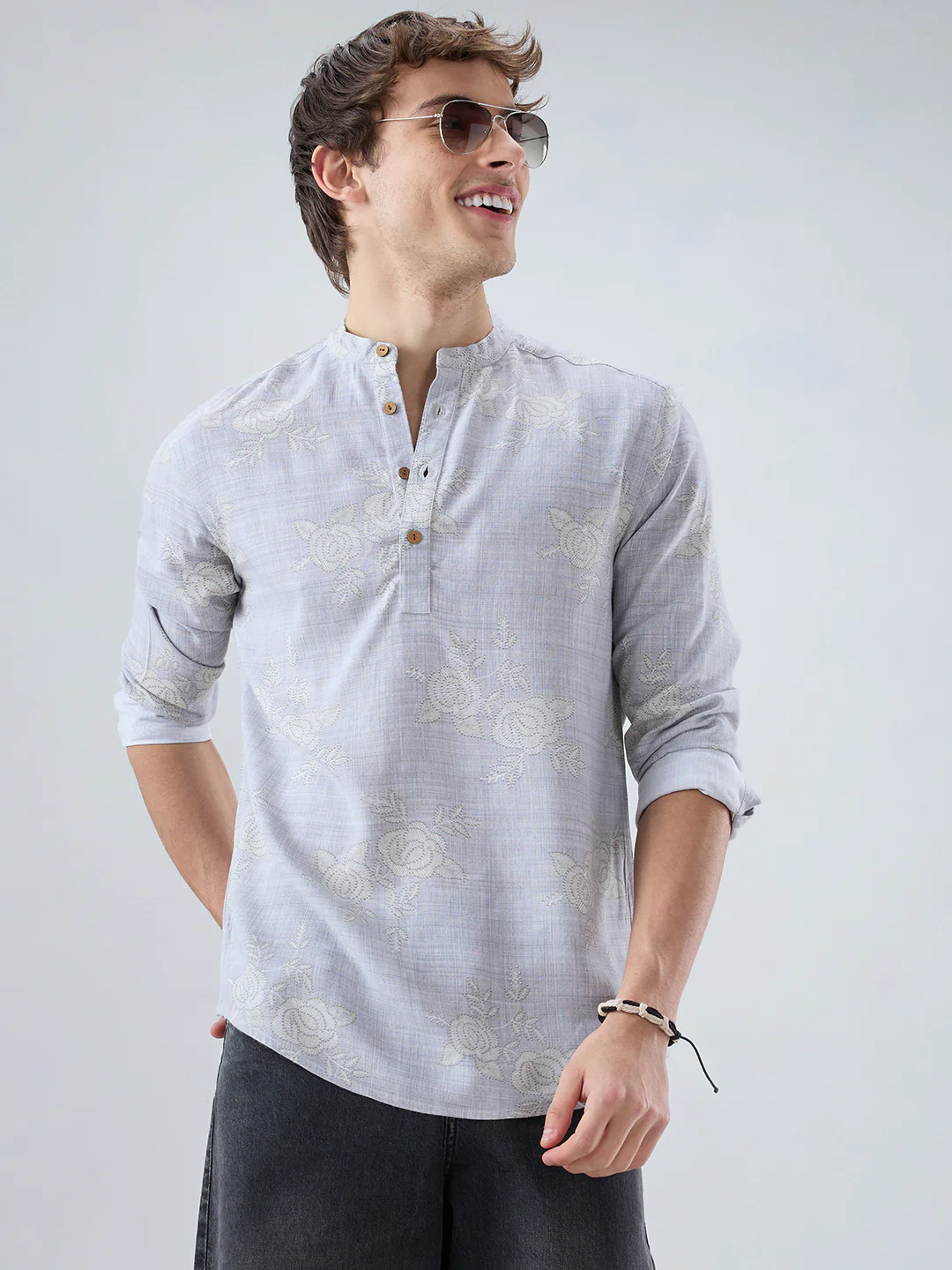Artistic Grey Floral Printed Kurta - Image 4