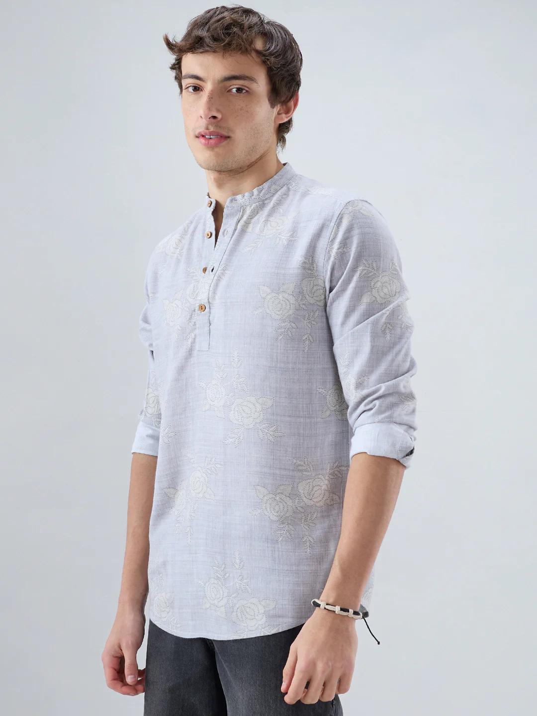 Artistic Grey Floral Printed Kurta - Image 6
