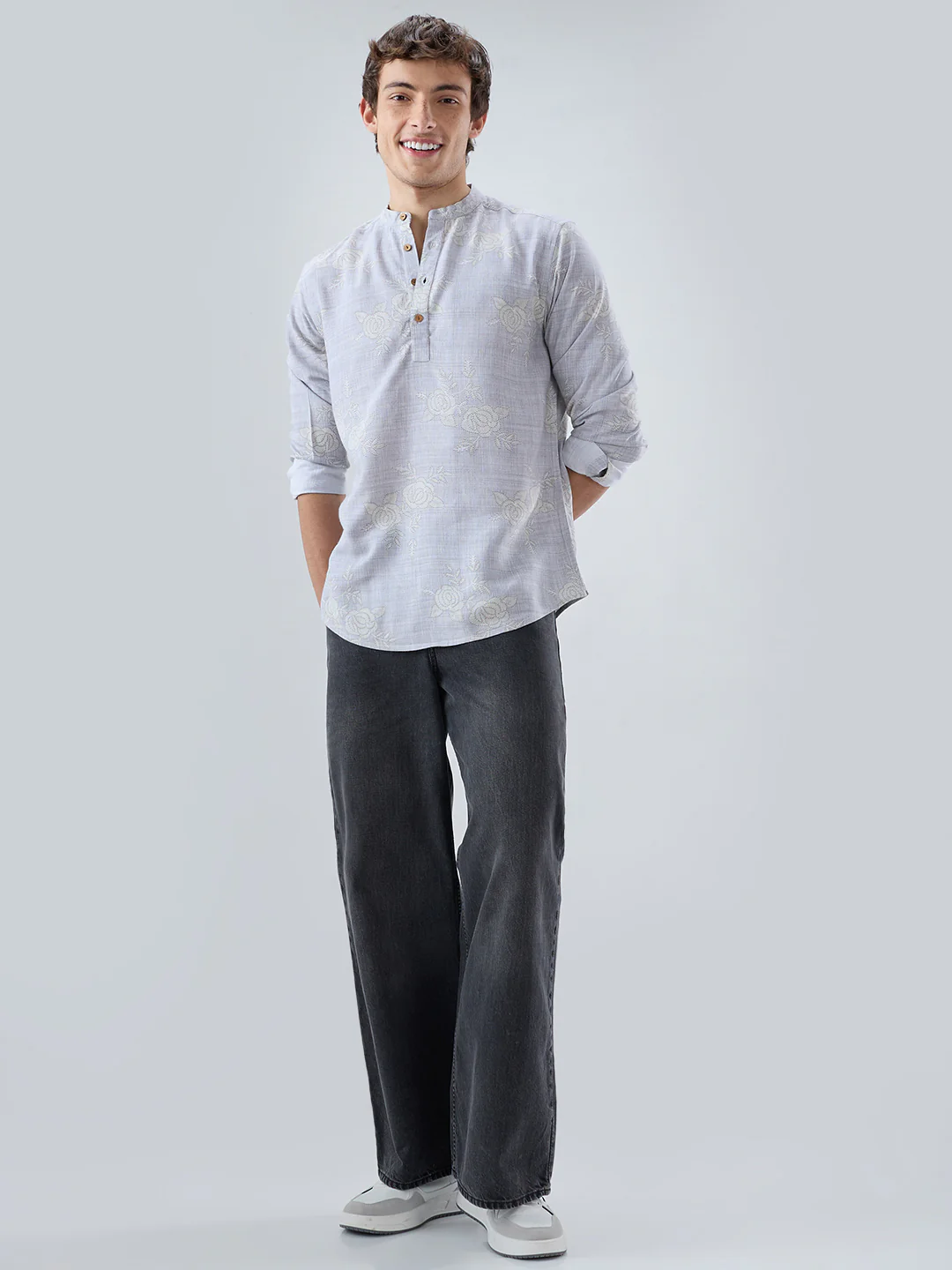 Artistic Grey Floral Printed Kurta - Image 8