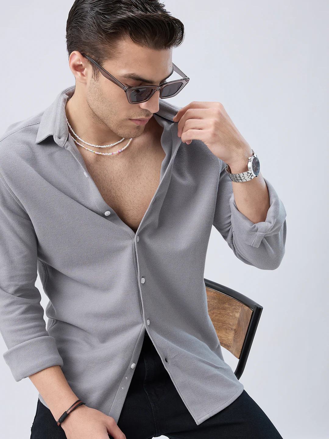 Ash Grey Crest Soft Weave Knit Shirt - Image 2