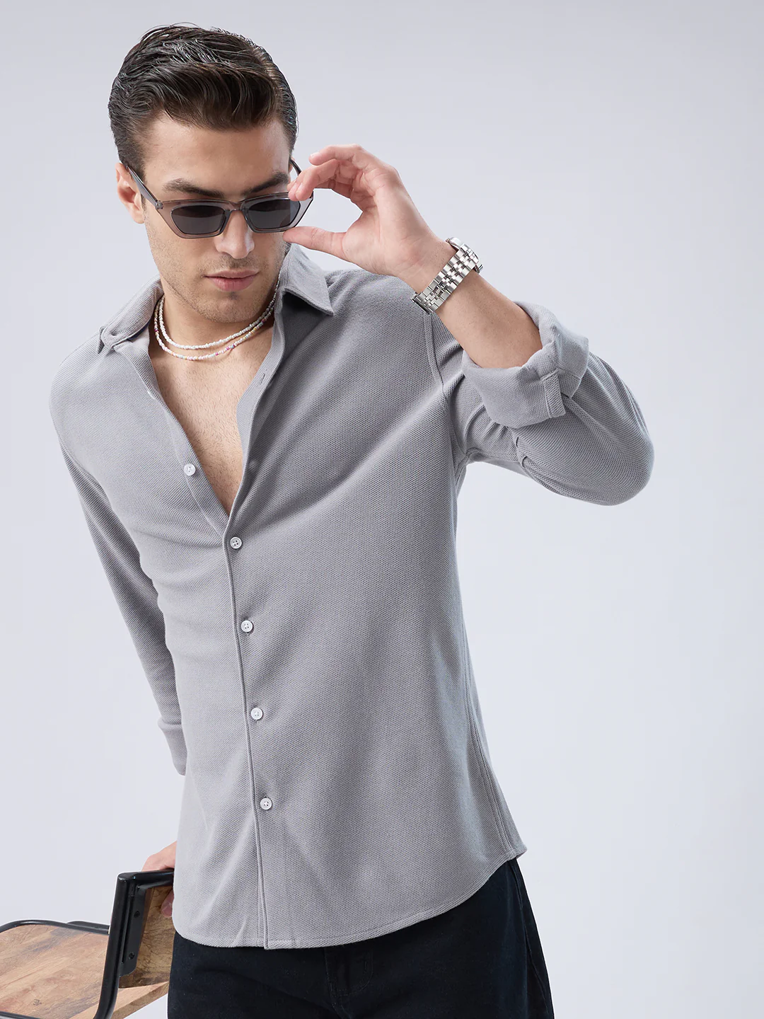 Ash Grey Crest Soft Weave Knit Shirt - Image 4