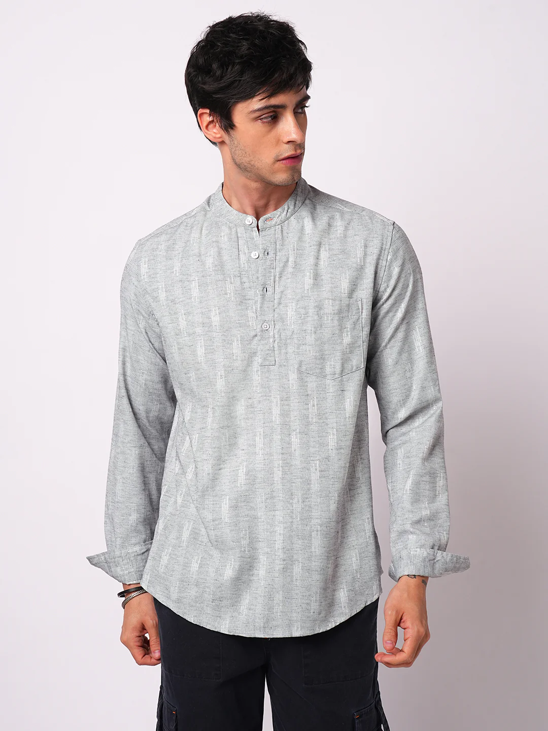 Ash Grey Linear Textured Kurta - Image 4